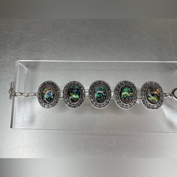 Blue Abalone Inlay Silver Tone Bracelet Oval Gem Toggle Bracelet - Picture 3 of 4